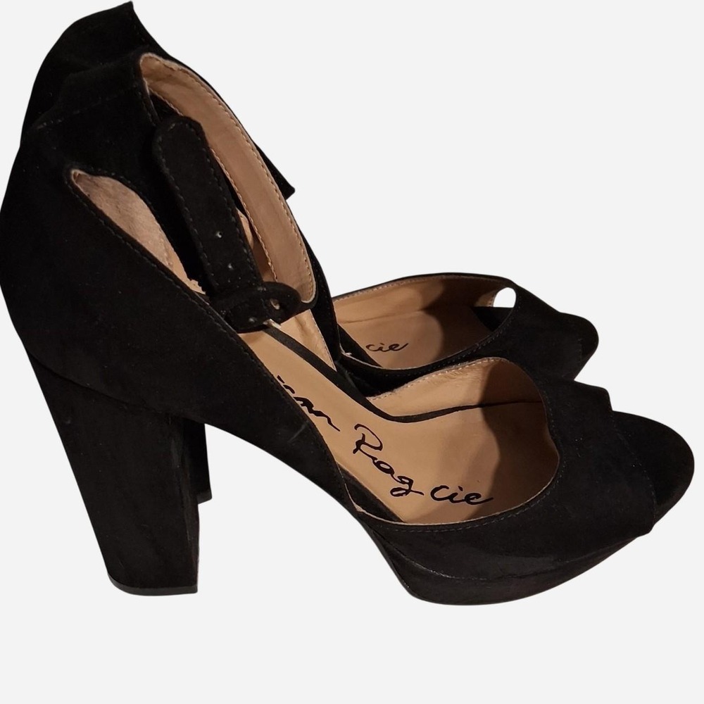 American Rag black suede peep toe heels  4" heel ankle strap. Size 8